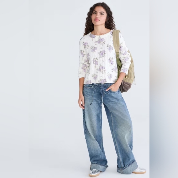 Brand New Purple Floral Cable Knit Crew Sweater - Picture 2 of 4